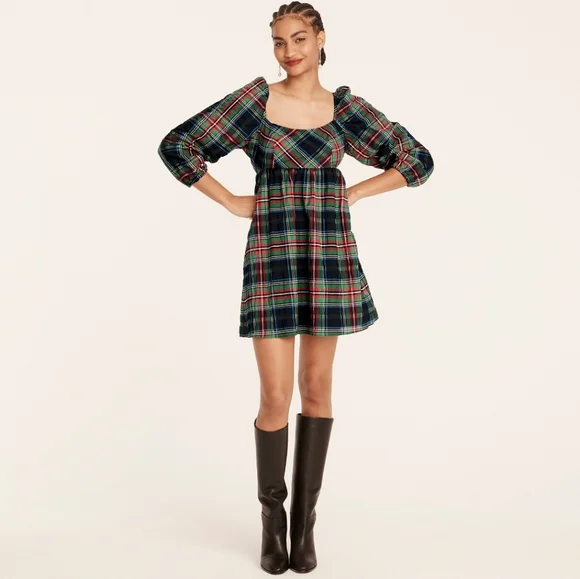 J Crew - Puff-sleeve mini dress in Stewart tartan - Size 4  (NWT) - Picture 2 of 12